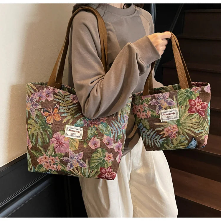 Floral Canvas Shoulder Tote | Four Colors & Two Sizes