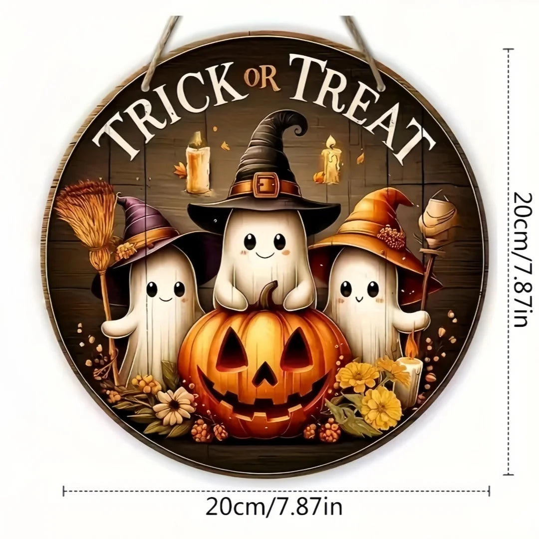 Halloween Round Wooden Sign | Ghost & Pumpkin Door Decor