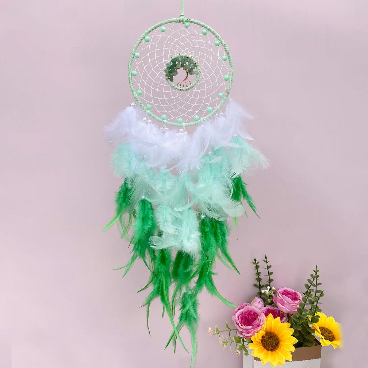 Indian Dream Catcher Wall Hanging | Feather & Bead Boho Wall Decor