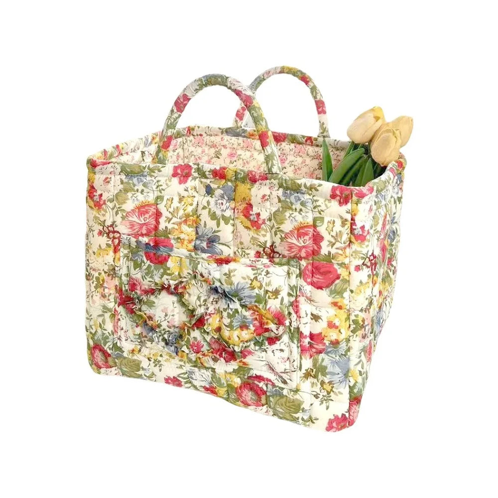 Quilted Floral Storage Basket — Collapsible Fabric Organizer Bag