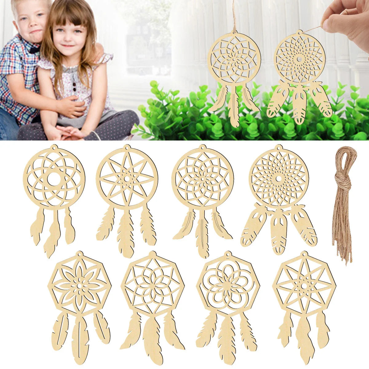 Wooden Dream Catcher DIY Craft Set | 8-Piece Unfinished Feather Shape Ornaments