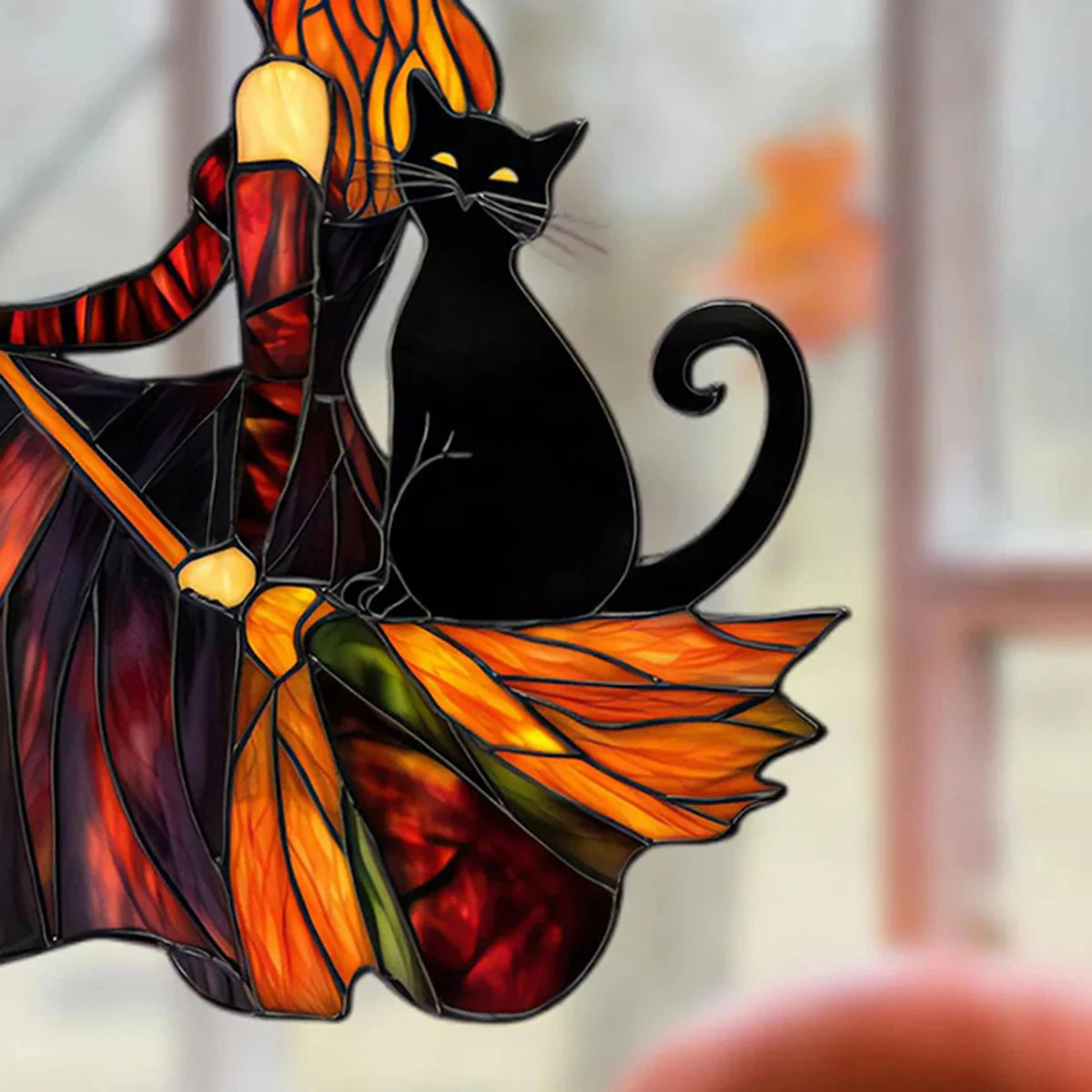 Gothic Witch & Black Cat 2D Acrylic Suncatcher | Halloween Window Hanging Decor