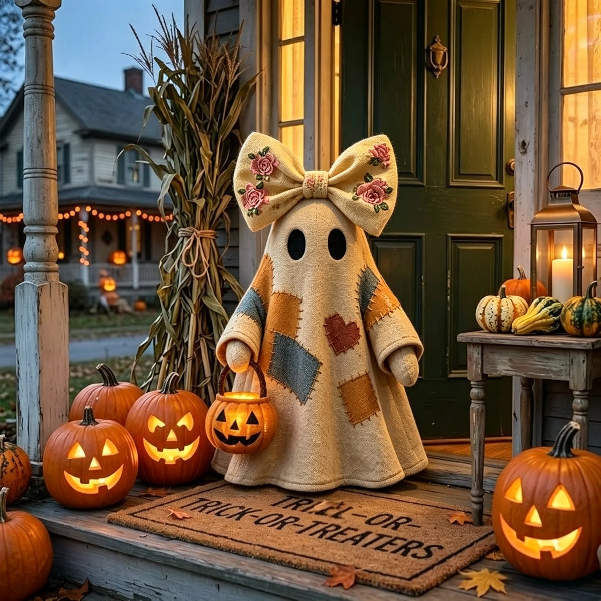 Halloween Ghost & Pumpkin Resin Figurine — Cute Bow Ghost Desktop Décor