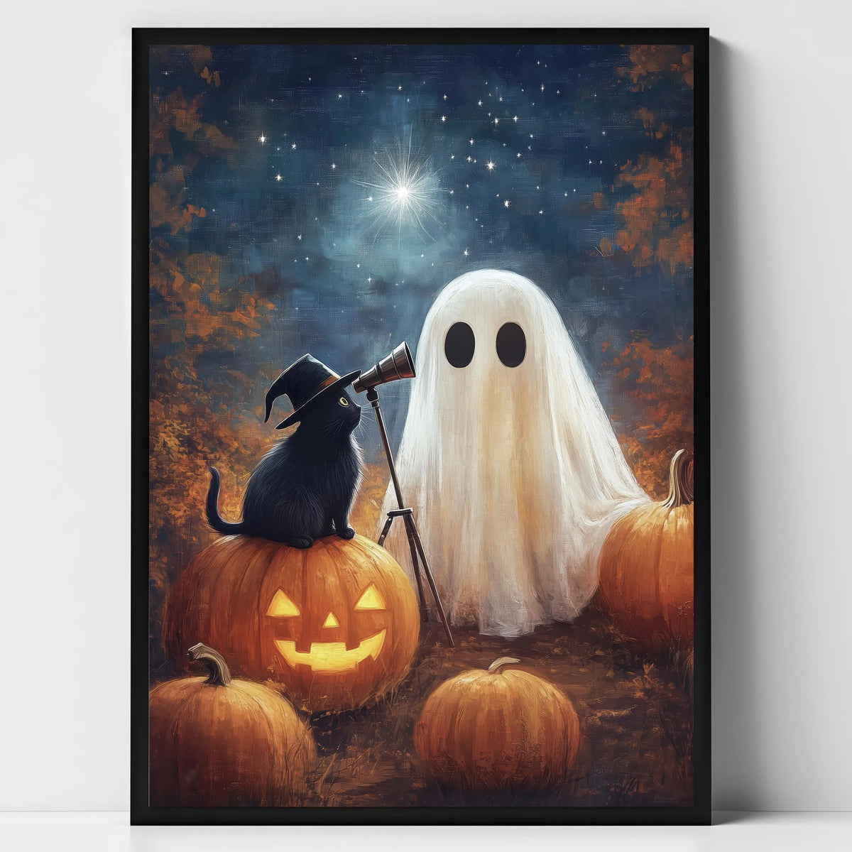Halloween Ghost & Black Cat Dark Forest Canvas Print