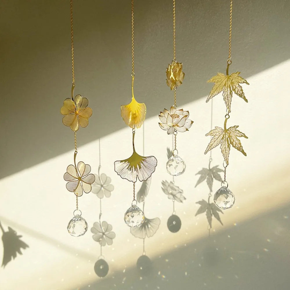 Lotus & Ginkgo Leaf Crystal Suncatcher Window Hanging