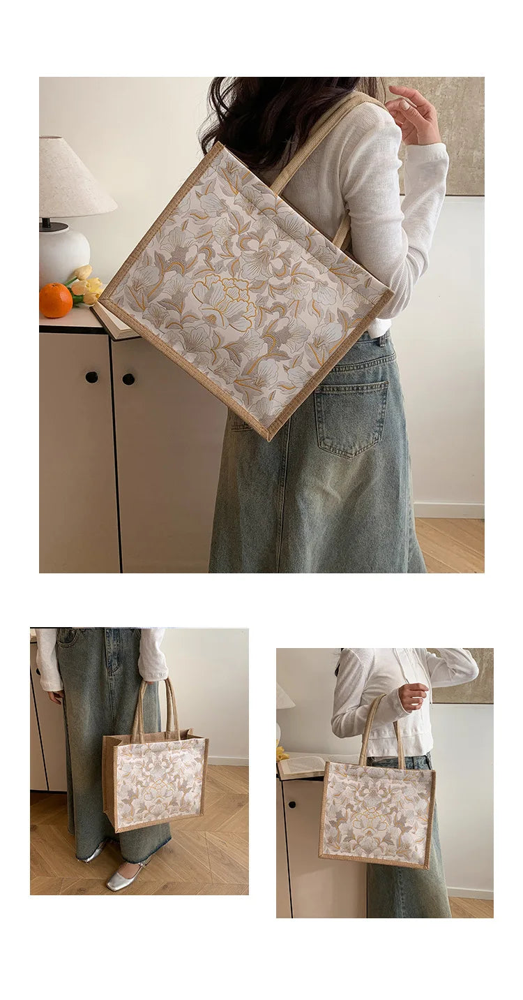 Floral Linen Tote Bag | Boho Bento Shoulder Bag for Women