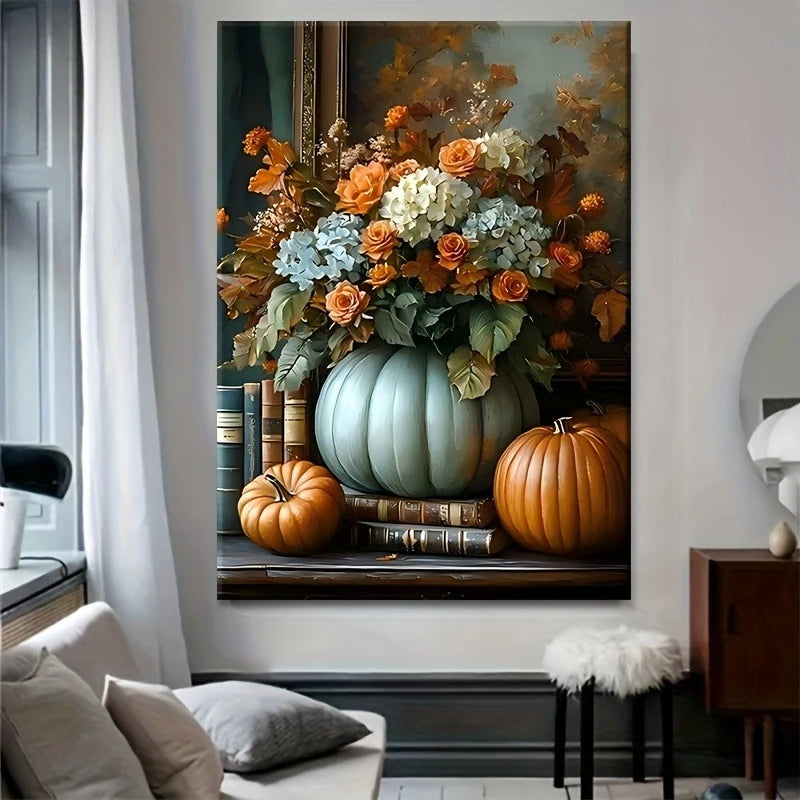 Autumn Pumpkin & Floral Canvas Print | Unframed Wall Art