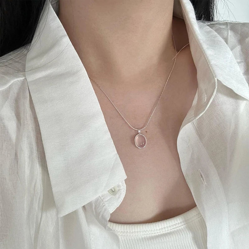 Pink Crystal Zircon Pendant Necklace | 925 Sterling Silver | Oval Collarbone Chain