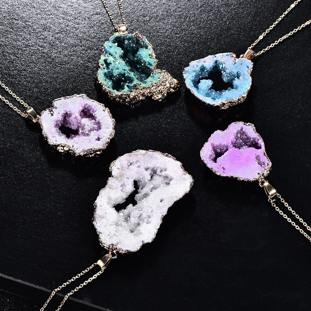 Agate Geode Slice Pendant Necklace | Amethyst Inlay Crystal Jewelry | Boho Witchy Gift