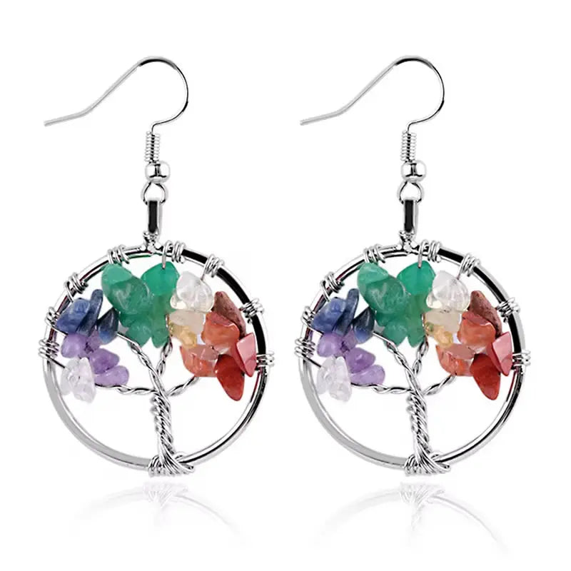 Tree of Life Crystal Drop Earrings — Wire-Wrapped Natural Stone Dangle Earrings