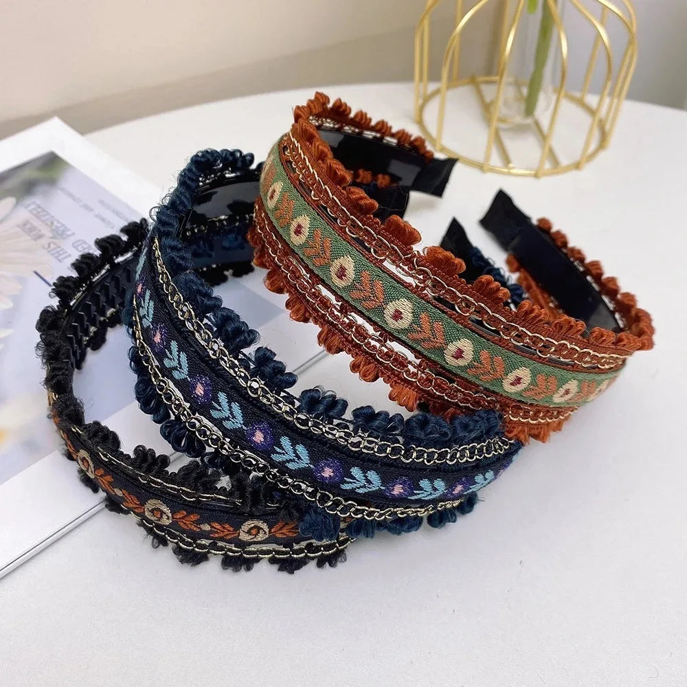 Boho Embroidery Wide Headband | Retro Style Women's Hair Hoop