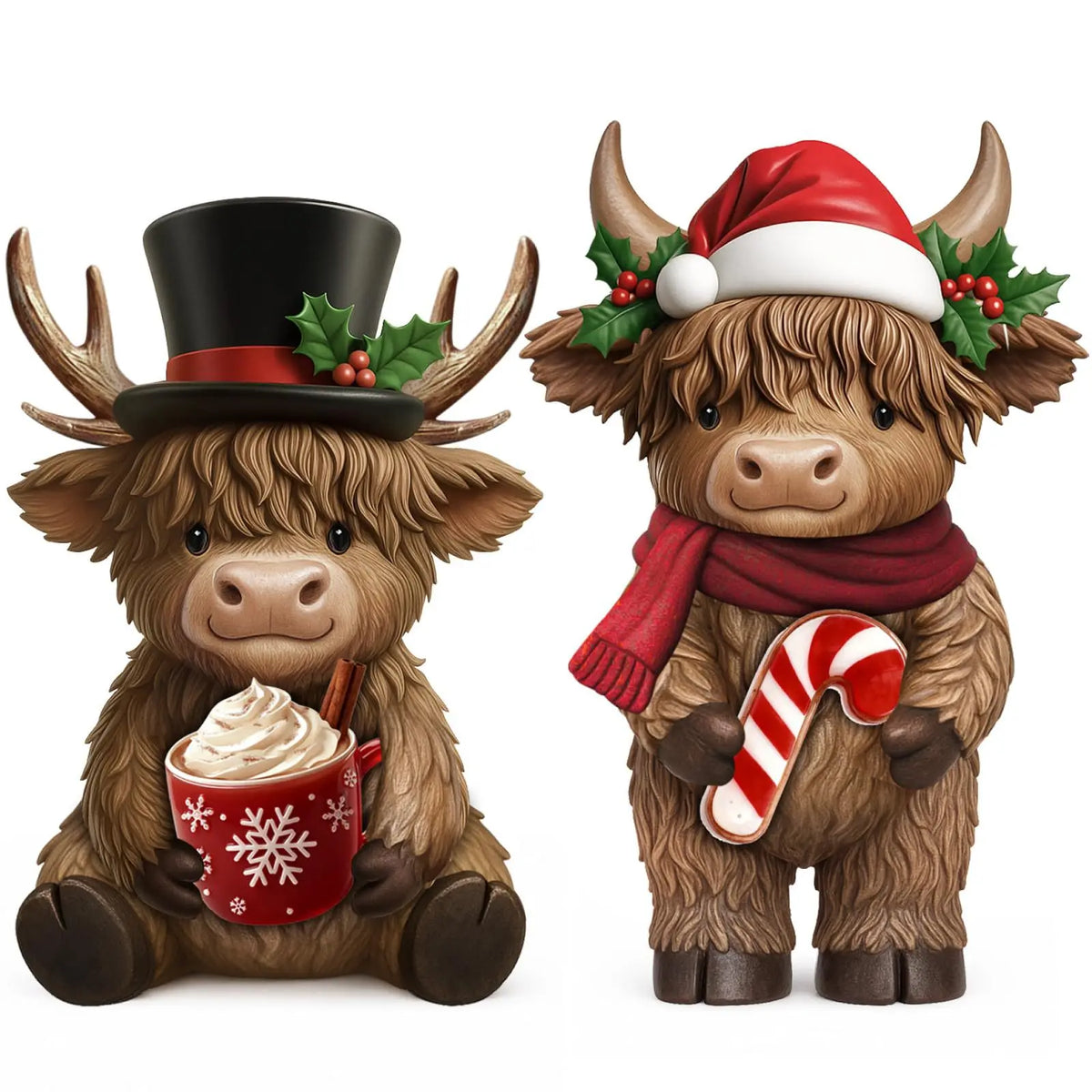 Halloween Highland Cow Wooden Statue Set | Skull Hat Tabletop Decor | Multiple Colors