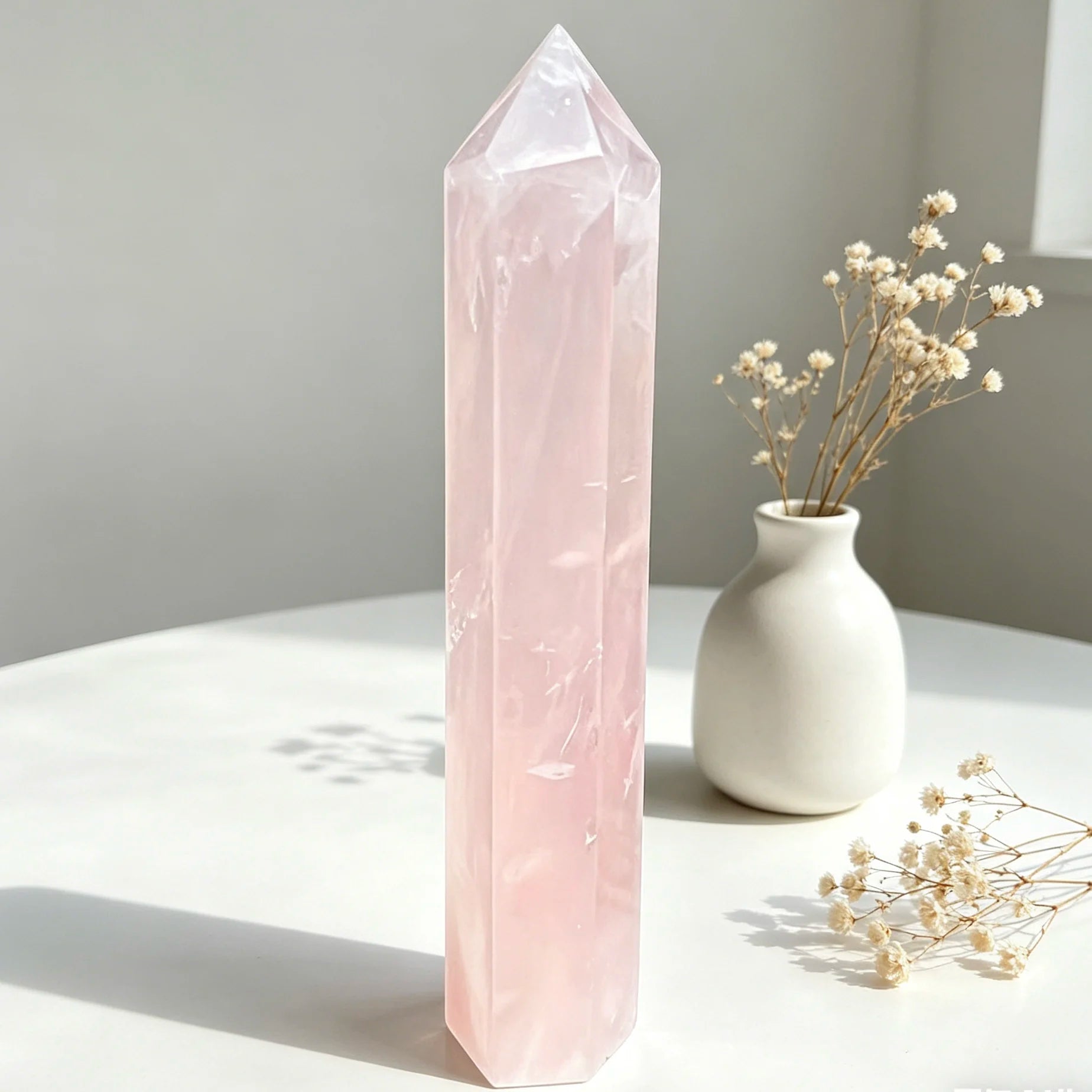 Natural Rose Quartz Crystal Tower — 6" Hexagonal Point