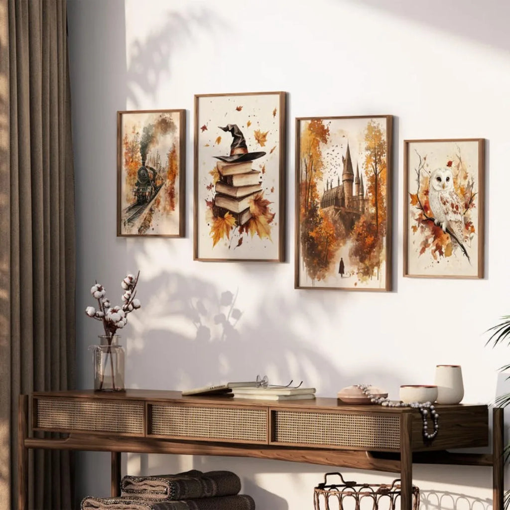 Autumn Magic Canvas Print Set of 4 | Books, Owl & Train