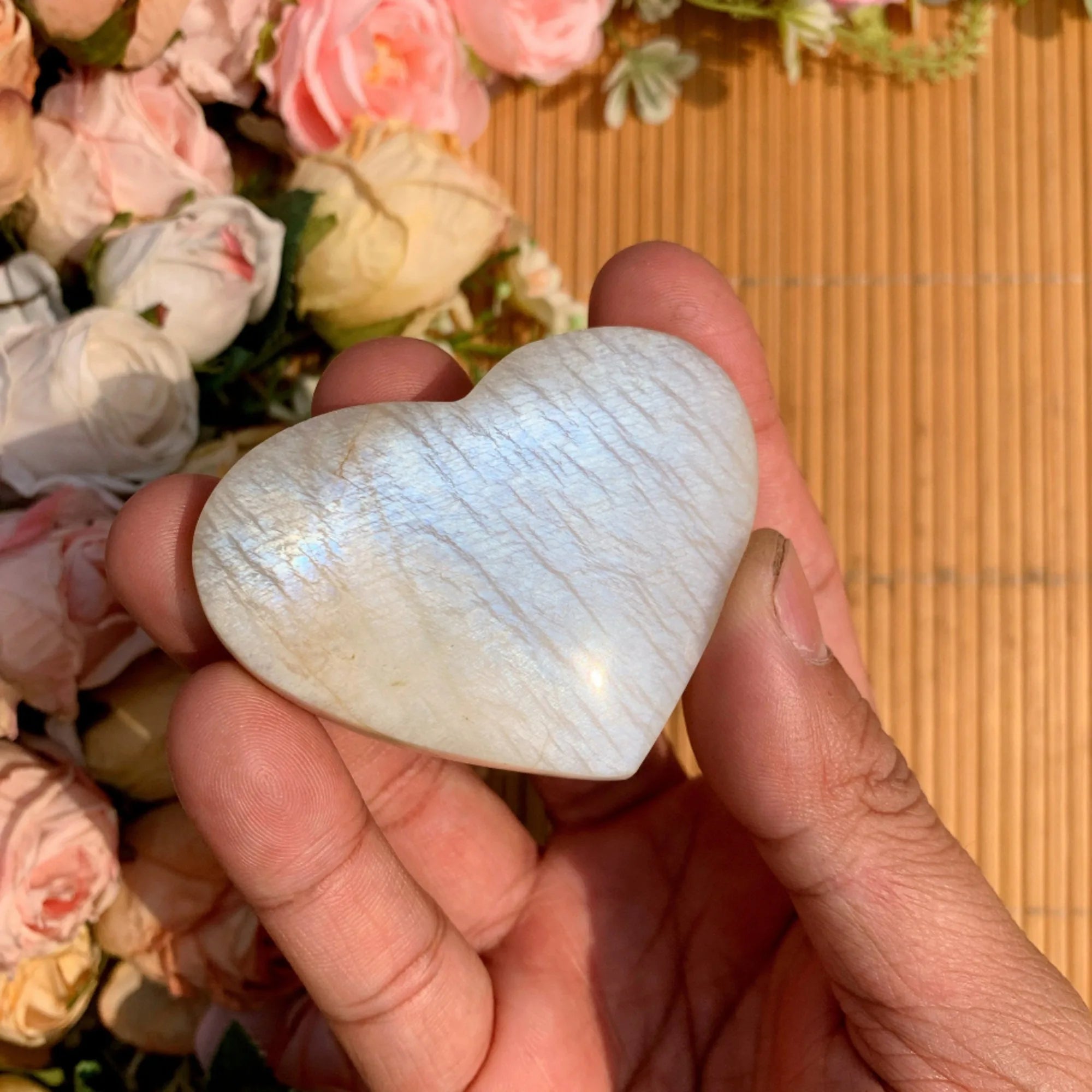 Blue Moonstone Heart Palm Stone | Hand-Carved · Love, Intuition & New Beginnings