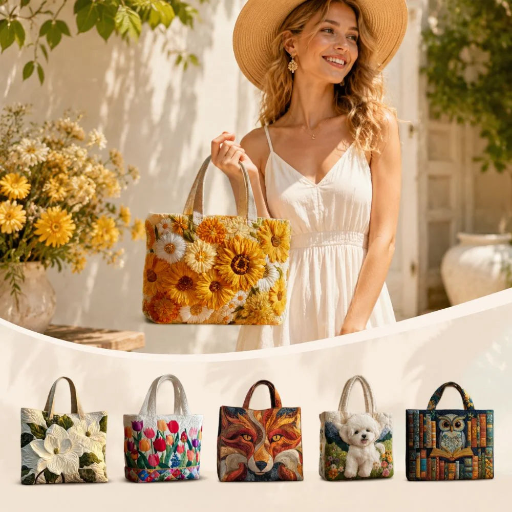 Quilted-Look Canvas Tote Bag | Floral & Animal Designs