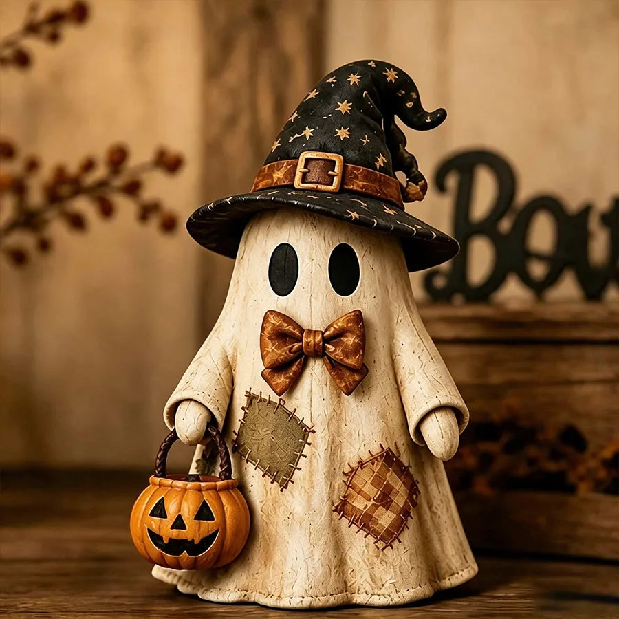 Vintage Wooden Ghost & Witch Hat 2D Tabletop Ornament | Rustic Halloween Decor | Mantel Display