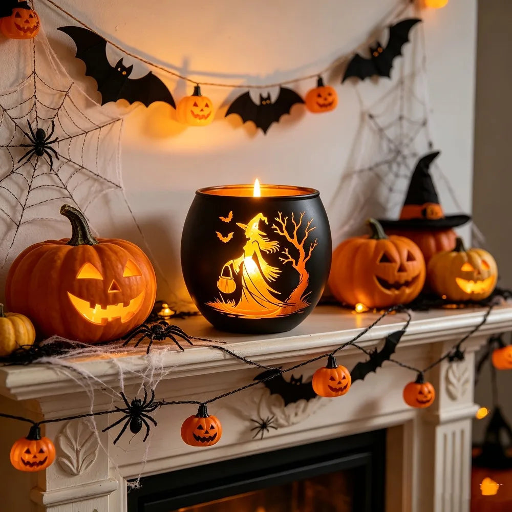 Halloween Witch & Bat Silhouette Candle Holder | Spooky Lantern Home Decor