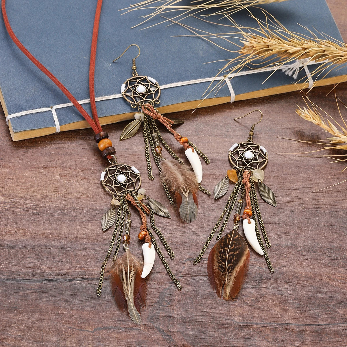 Dream Catcher Feather Jewelry Set — Boho Necklace & Tassel Earrings