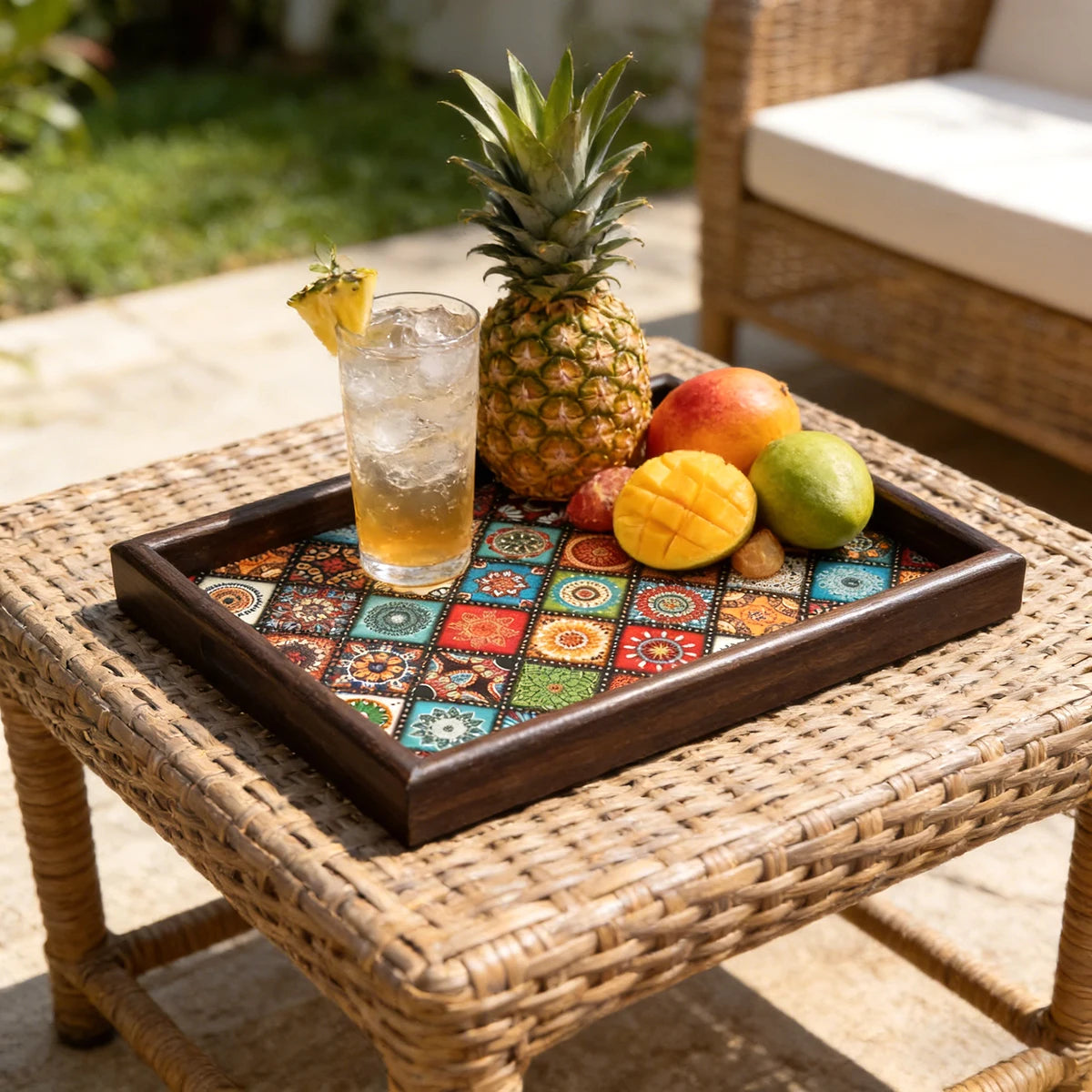 Boho Wooden Decorative Tray | Rustic Handmade Storage & Serving Tray