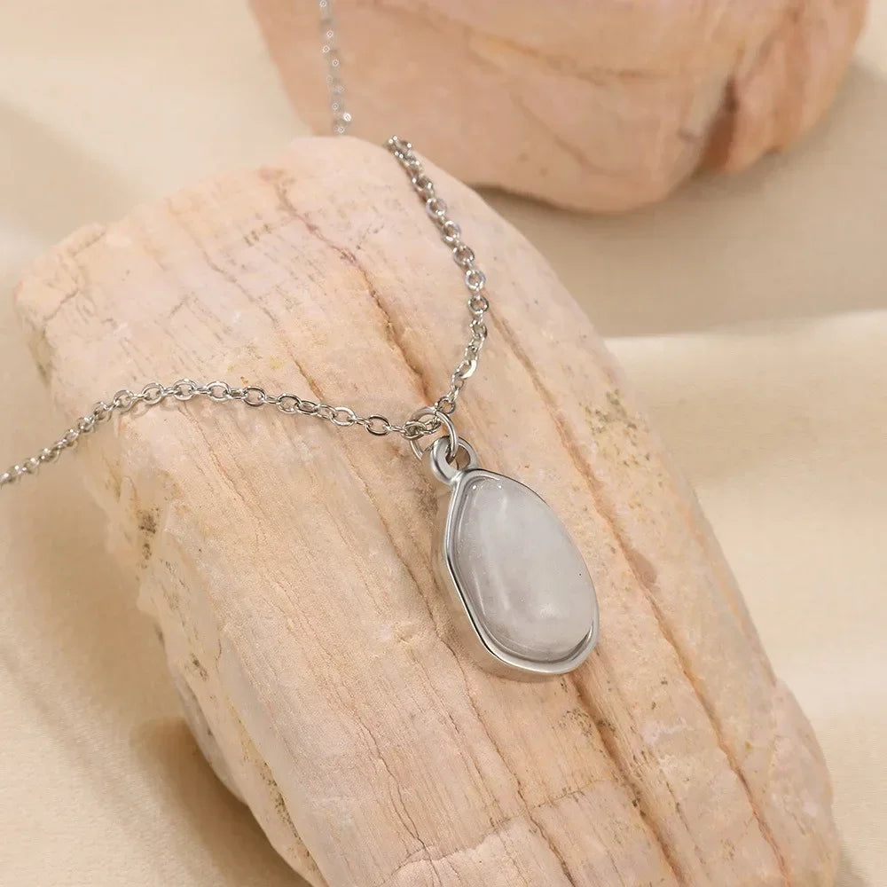 Natural Stone Crystal Pendant Necklace — Irregular Stainless Steel Clavicle Chain for Women