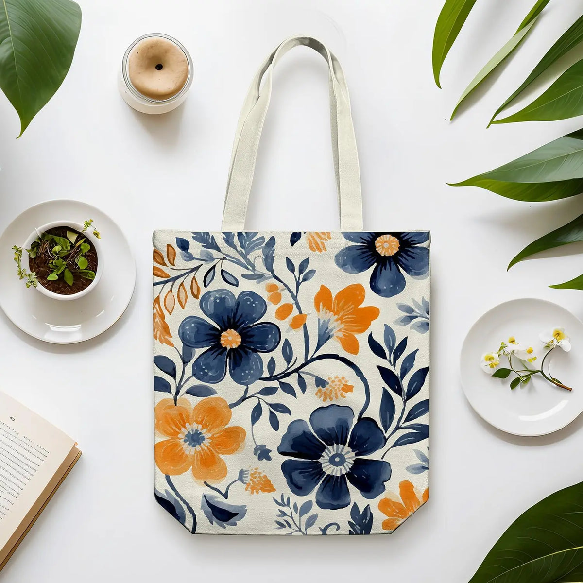 Floral Canvas Tote Bag | Zippered Women's Bag for Work, Shopping & Everyday