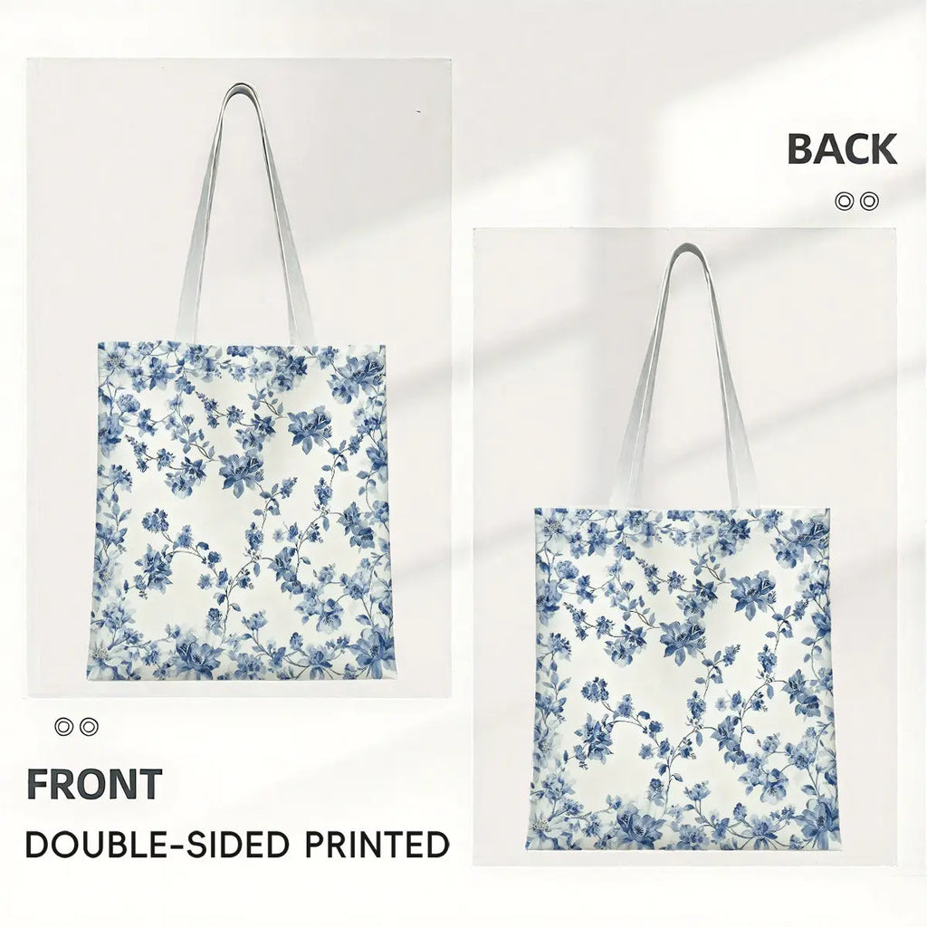 Blue Floral Canvas Tote Bag | Reusable Shopping & Travel Bag