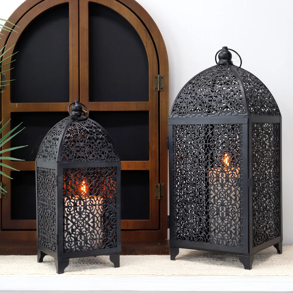 Black Metal Candle Lantern Set | Vintage Boho Candle Holders (Set of 2)