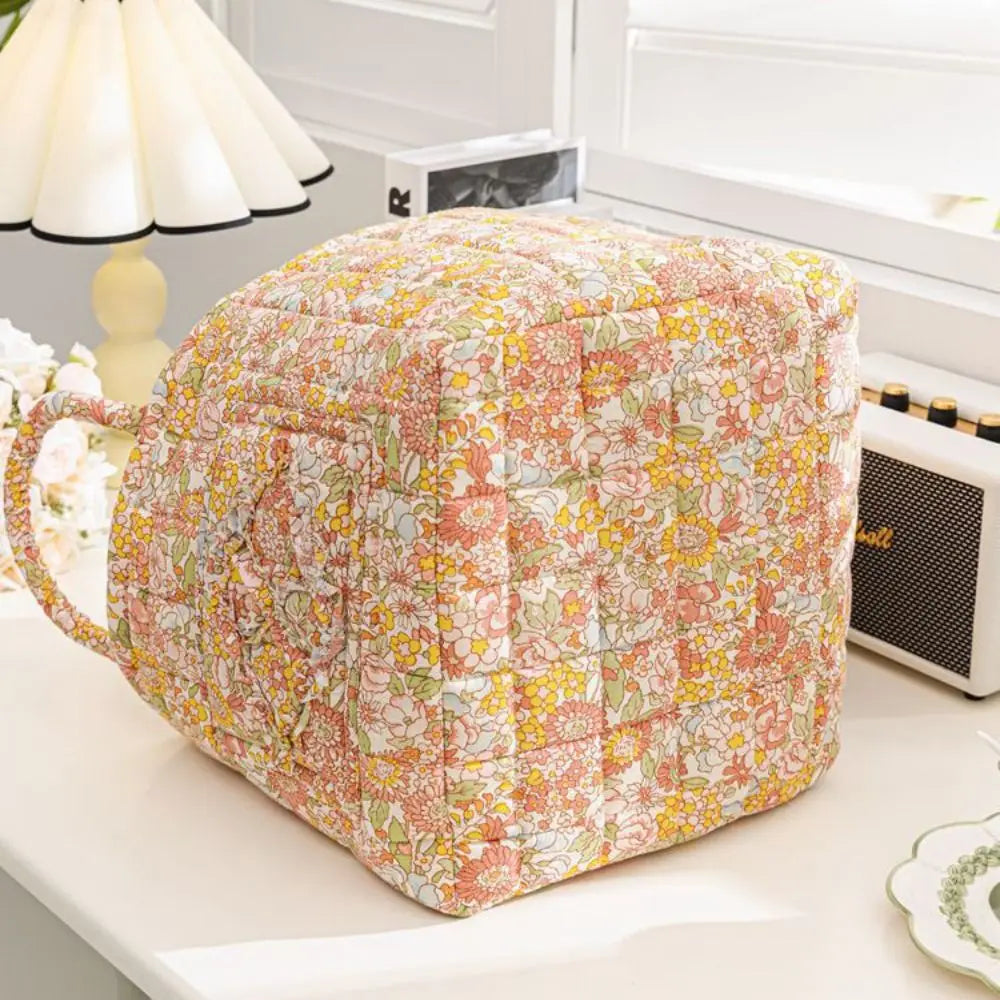 Quilted Floral Storage Basket — Collapsible Fabric Organizer Bag