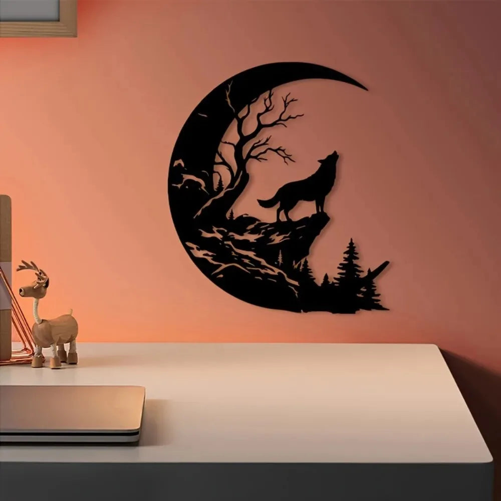 Howling Wolf & Crescent Moon Metal Wall Art