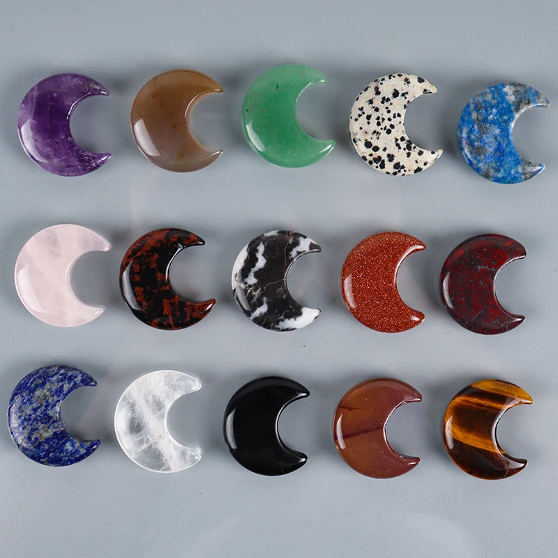 Natural Crystal Moon Ornament | Hand-Carved Healing Stone · 9 Varieties