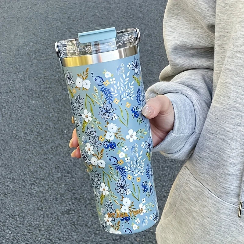 Floral 900 ml Insulated Tumbler with Handle & Straw