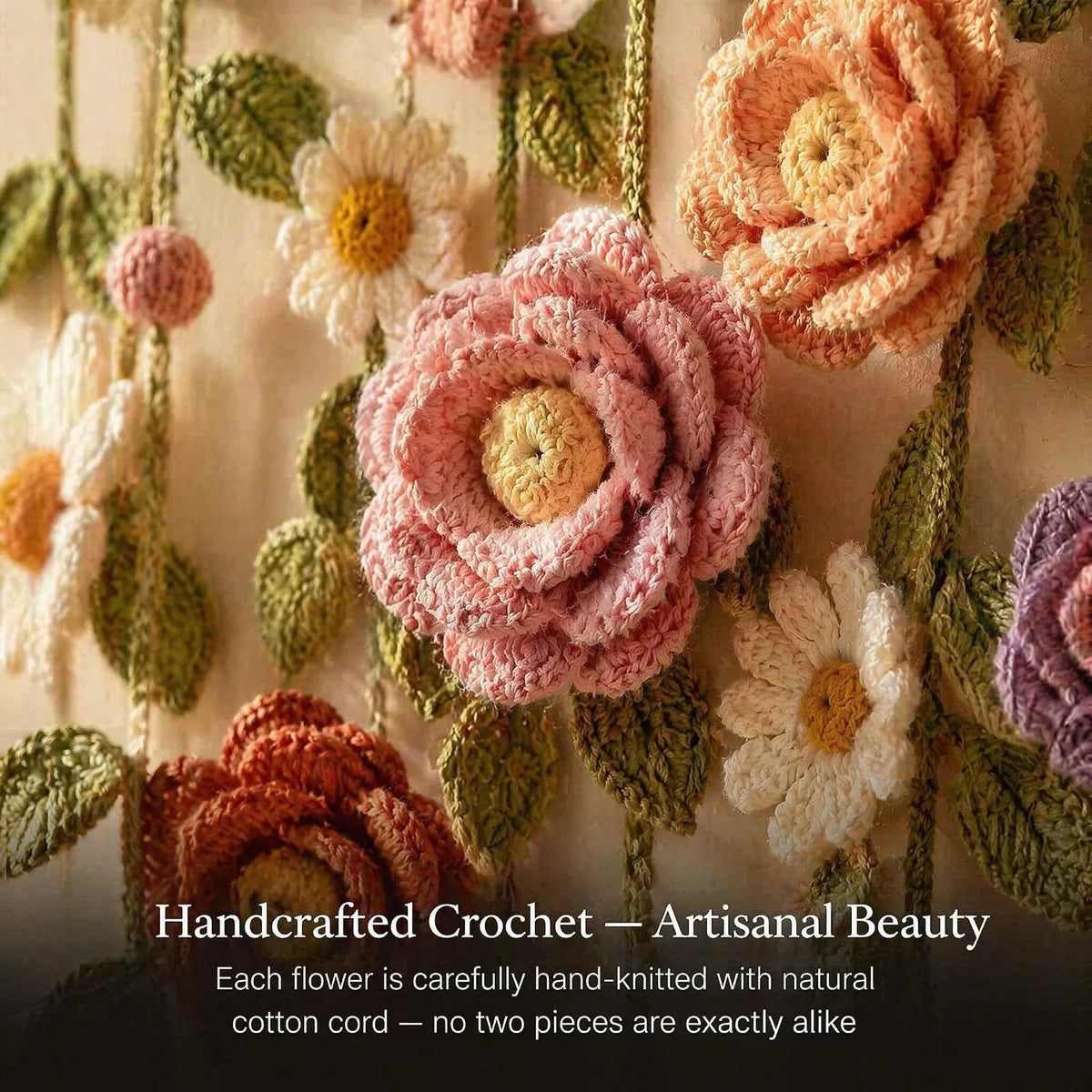 Boho Handmade Cotton Floral Crochet Vine Wall Hanging | Macrame Decor for Indoor & Porch