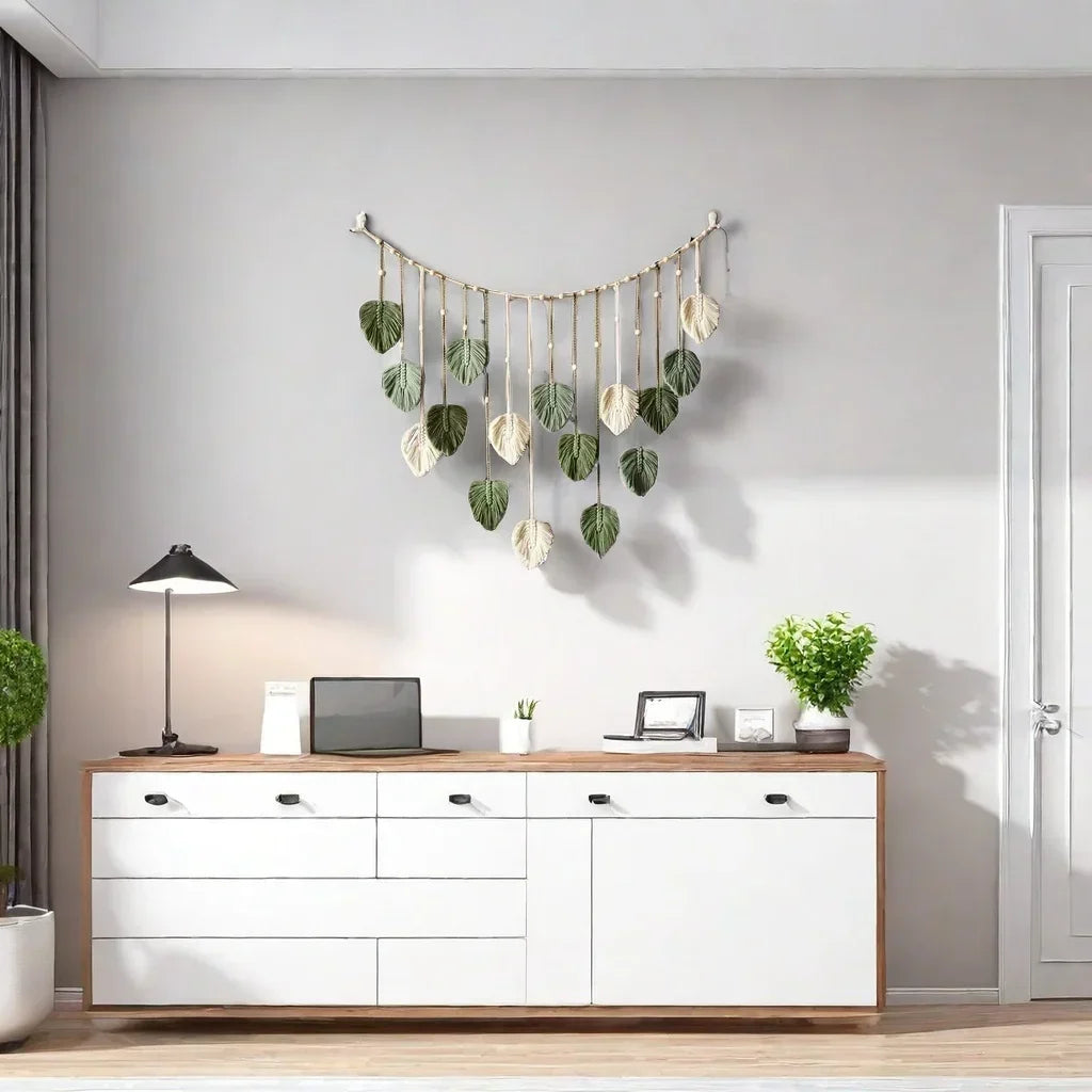 Boho Macrame Leaf & Feather Wall Hanging | Handmade Tapestry in Green or Coffee