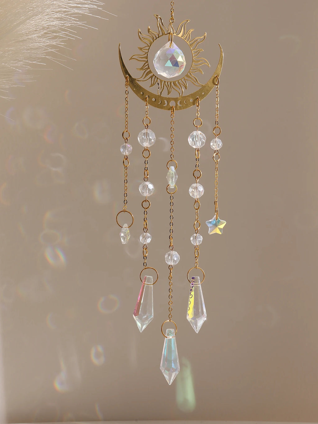 Gold Flame Moon Crystal Suncatcher | Hanging Decor