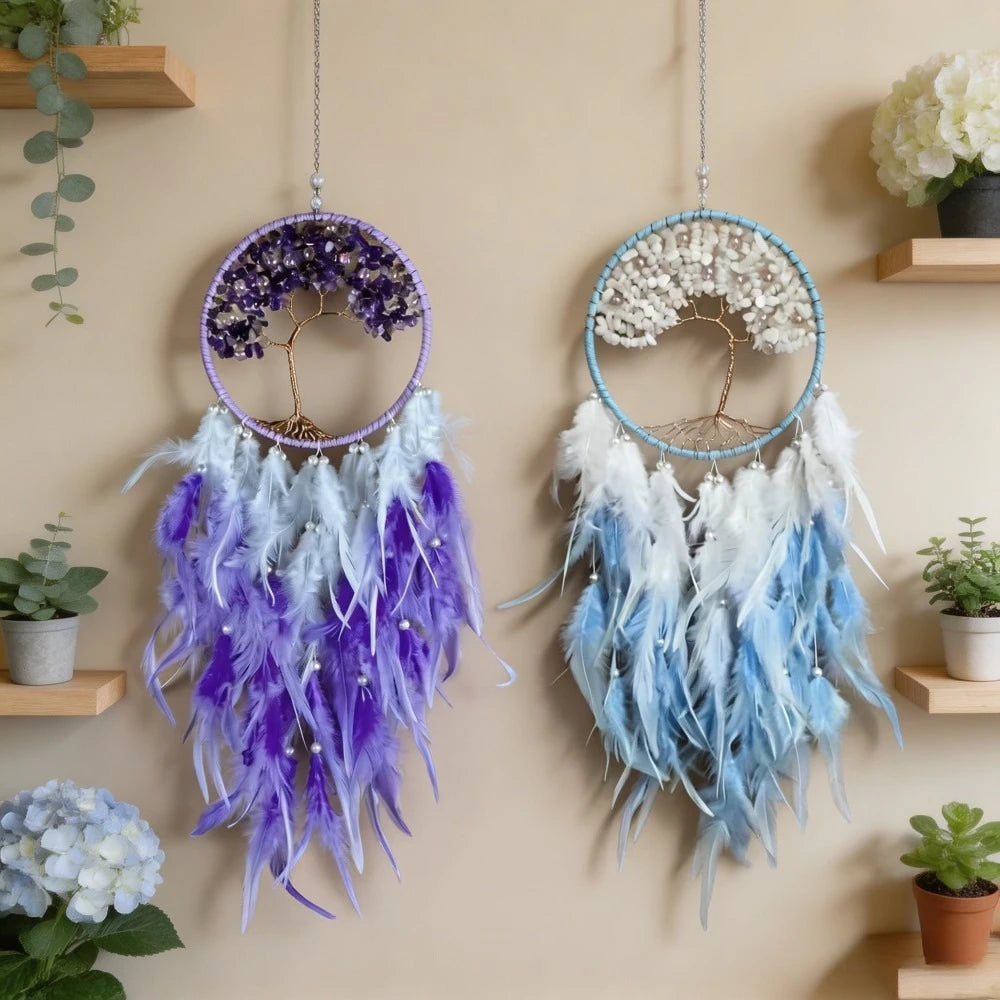 Crystal Tree of Life Dreamcatcher — Boho Feather Wall Hanging