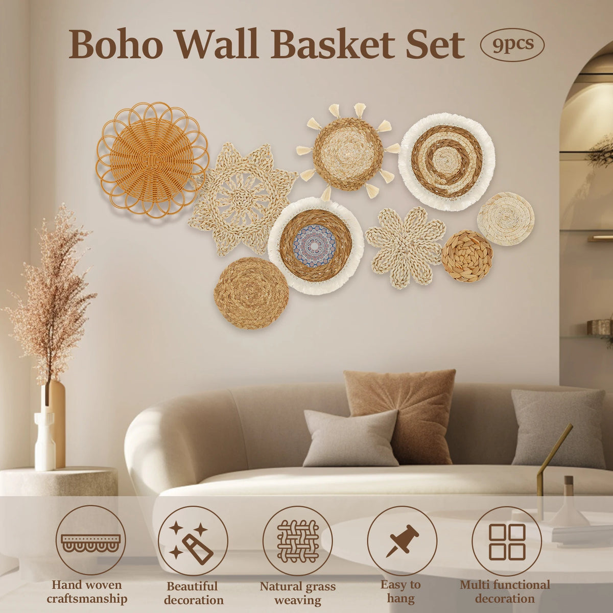 Boho Woven Basket Wall Decor | 7- or 9-Piece Set