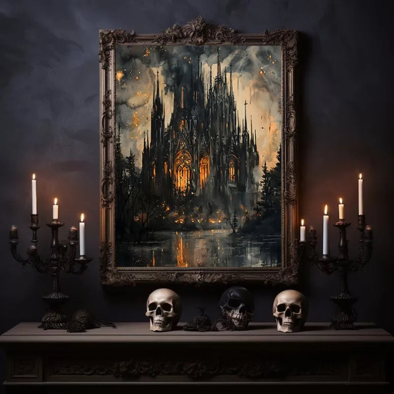 Gothic Castle Wall Art | Dark Academia Crow, Owl & Wildflowers Canvas Print