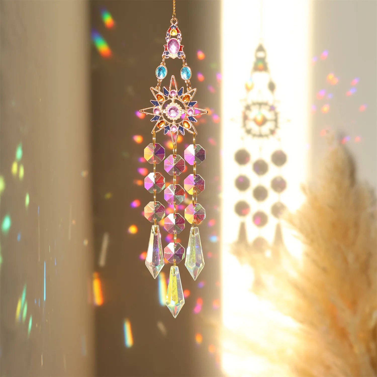 Celestial Crystal Suncatcher — Sun Moon Star Window Hanging