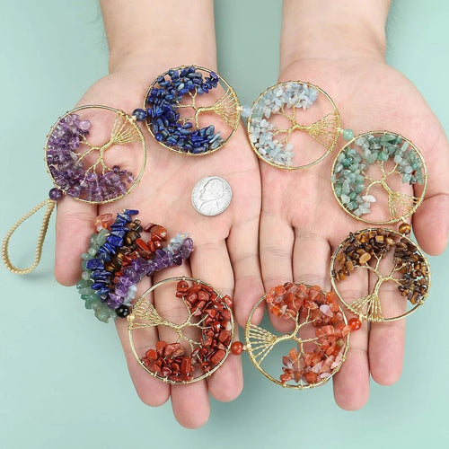 7 Chakra Tree of Life Wall Hanging | Natural Crystal Chip Stone Ornament