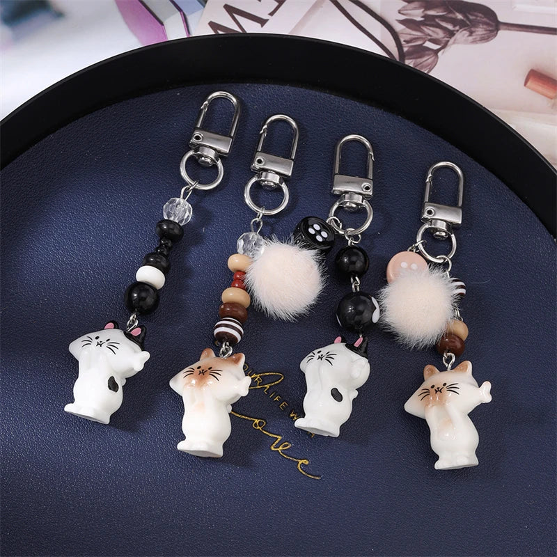 Handmade Cat Charm Keychain – Cute Animal Bead Keyring & Bag Pendant