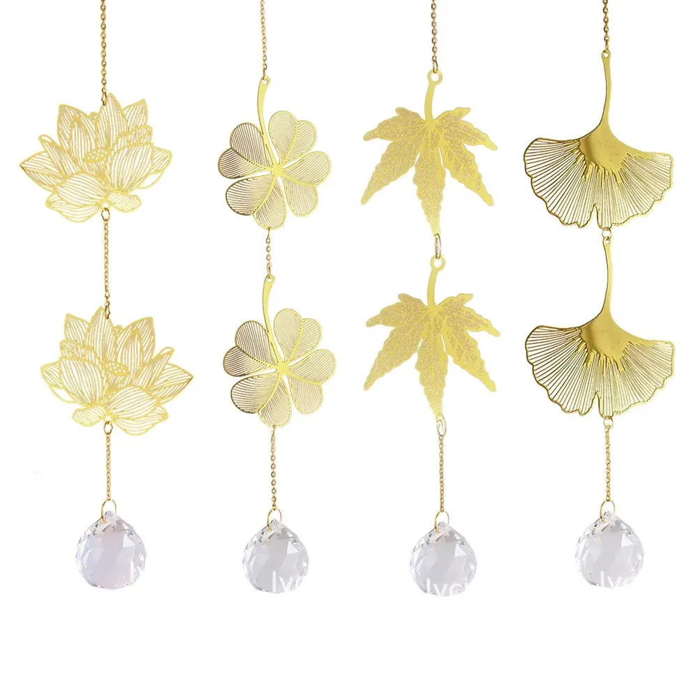 Lotus & Ginkgo Leaf Crystal Suncatcher Window Hanging