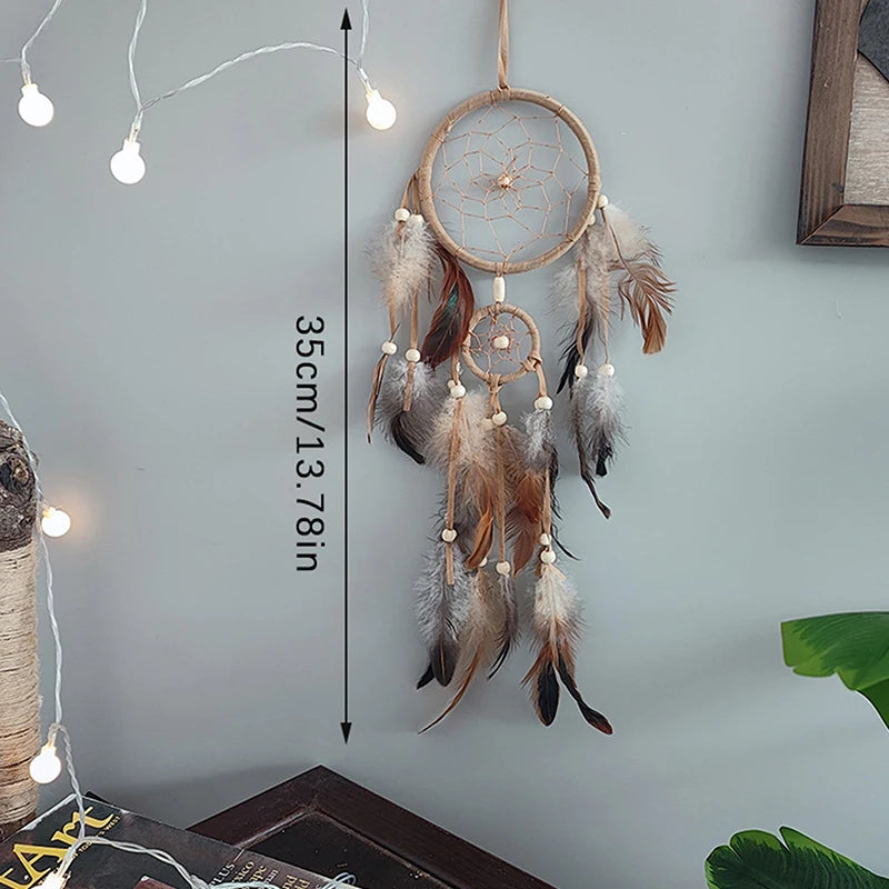 Boho Feather Dream Catcher – Handwoven Double-Ring Wall Hanging | Earth Tones