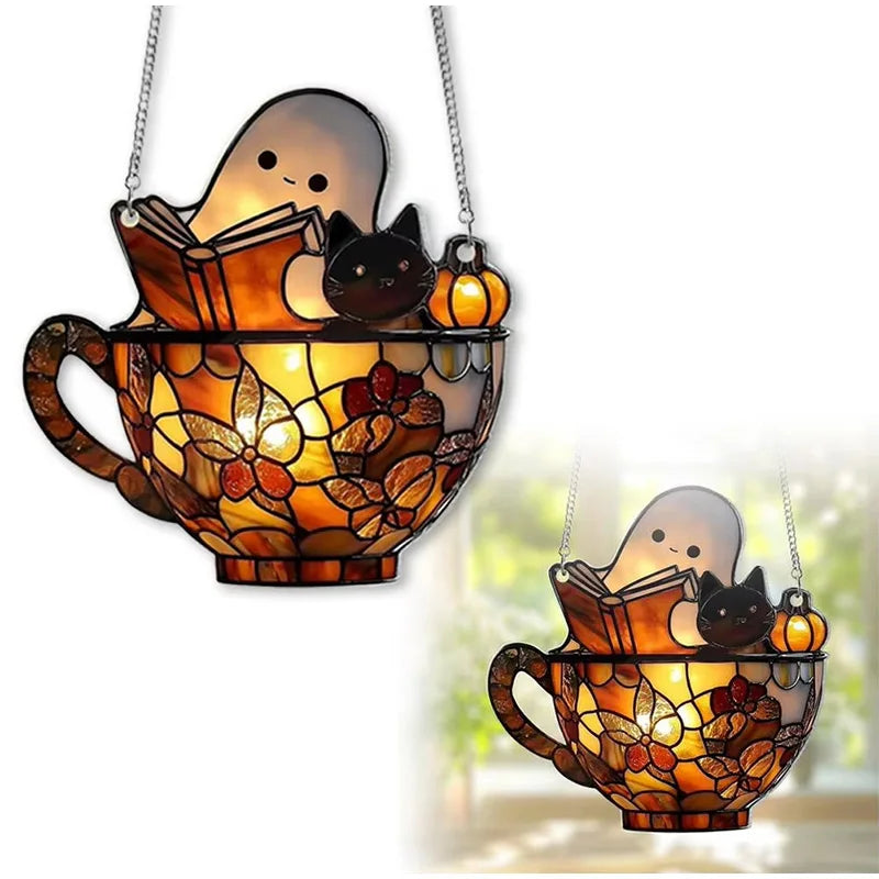 Halloween Ghost Reading Book Window Ornament | Colorful Acrylic Suncatcher