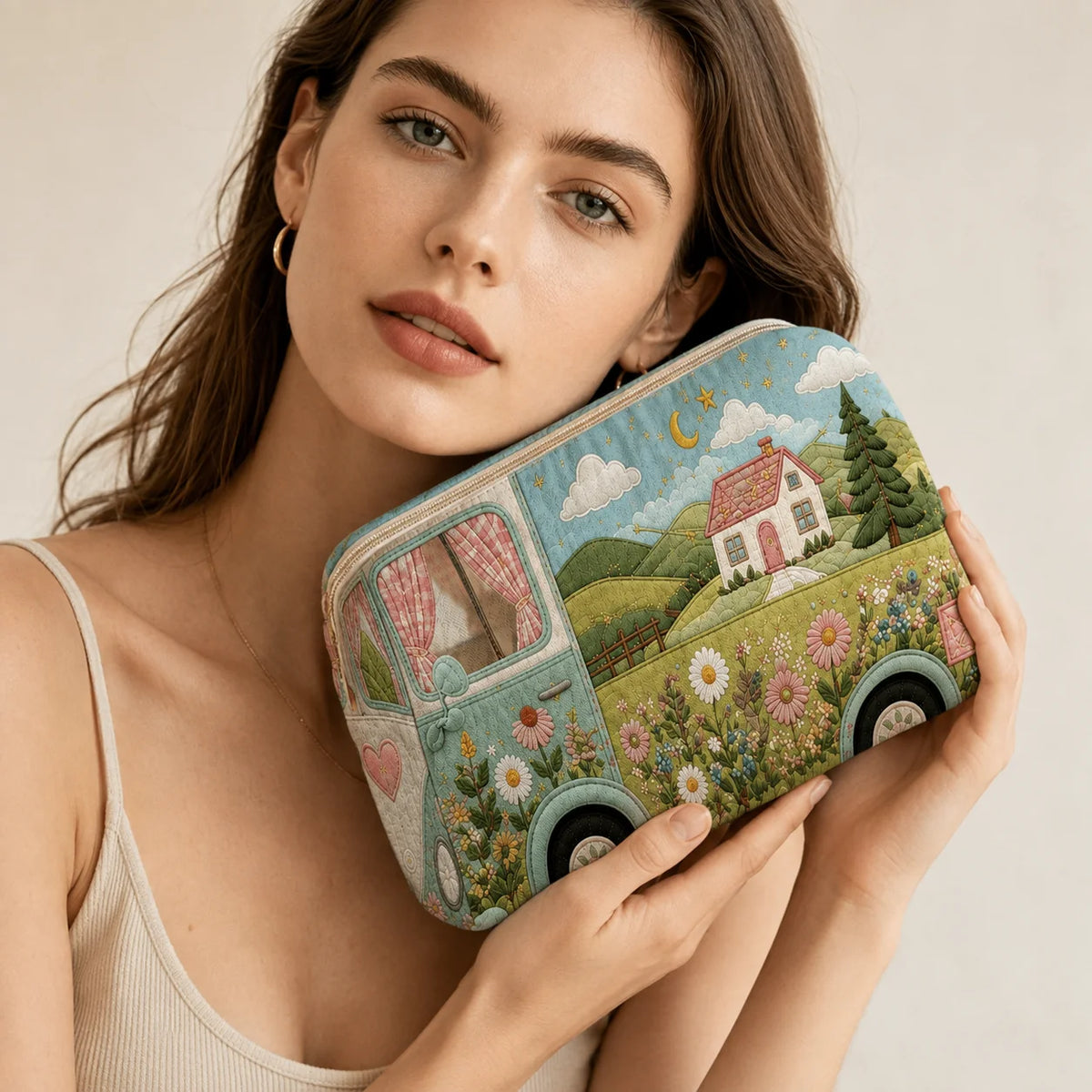 Vintage Camper Quilted Makeup Bag | Boho Floral Travel Pouch
