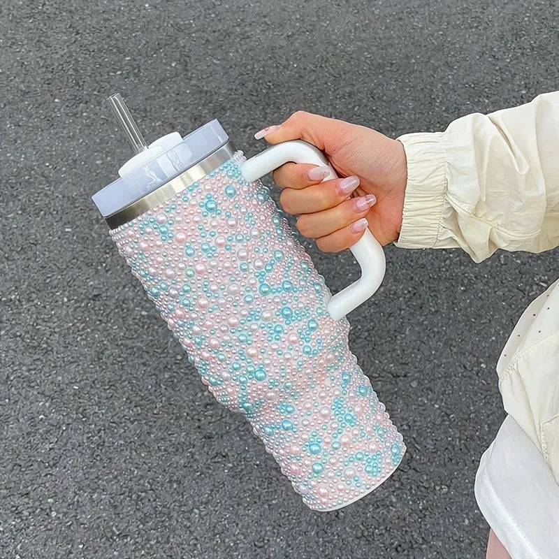 40oz Pearl & Rhinestone Tumbler | Vacuum Insulated Wide Handle Car Cup