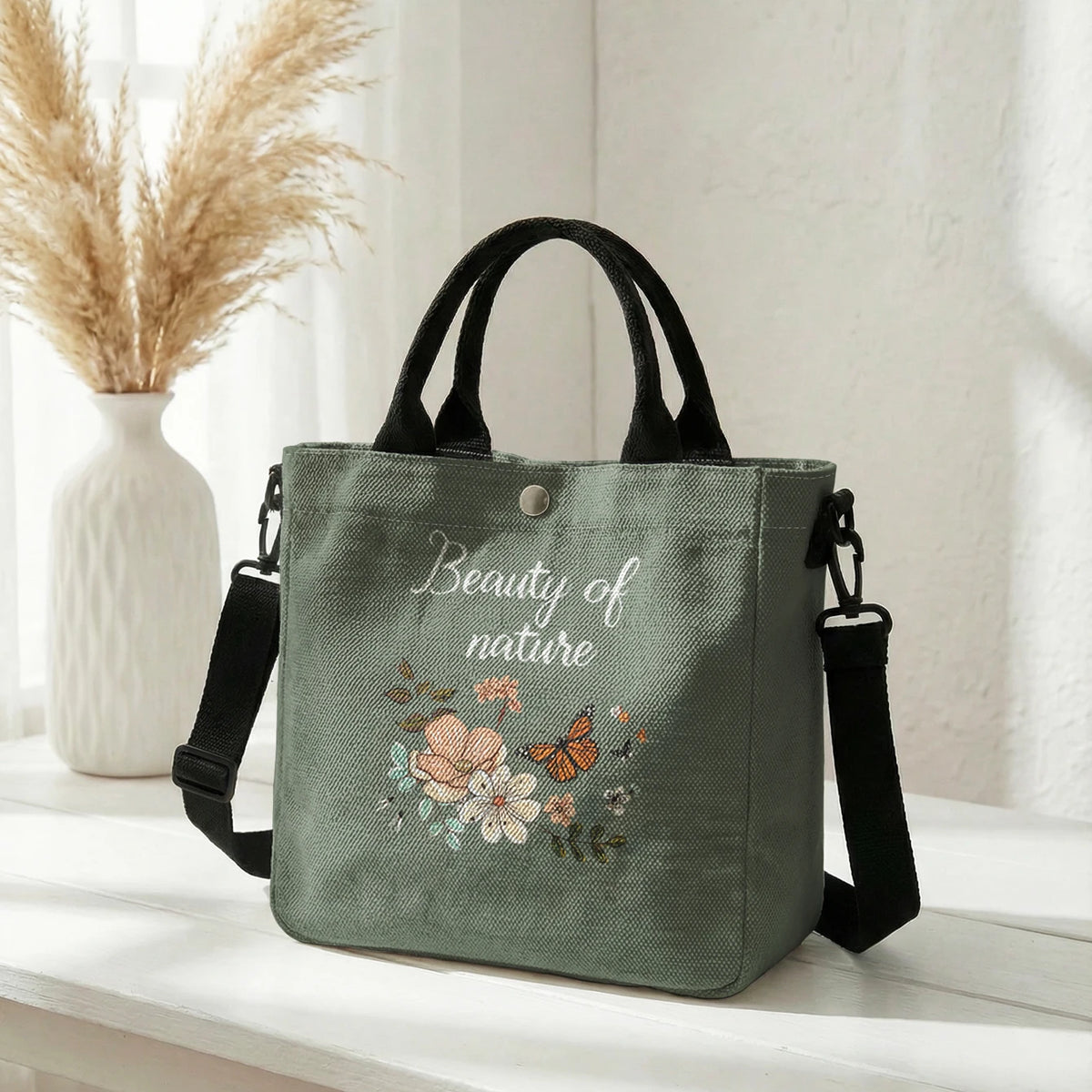 Floral Butterfly Tote Bag with Detachable Crossbody Strap