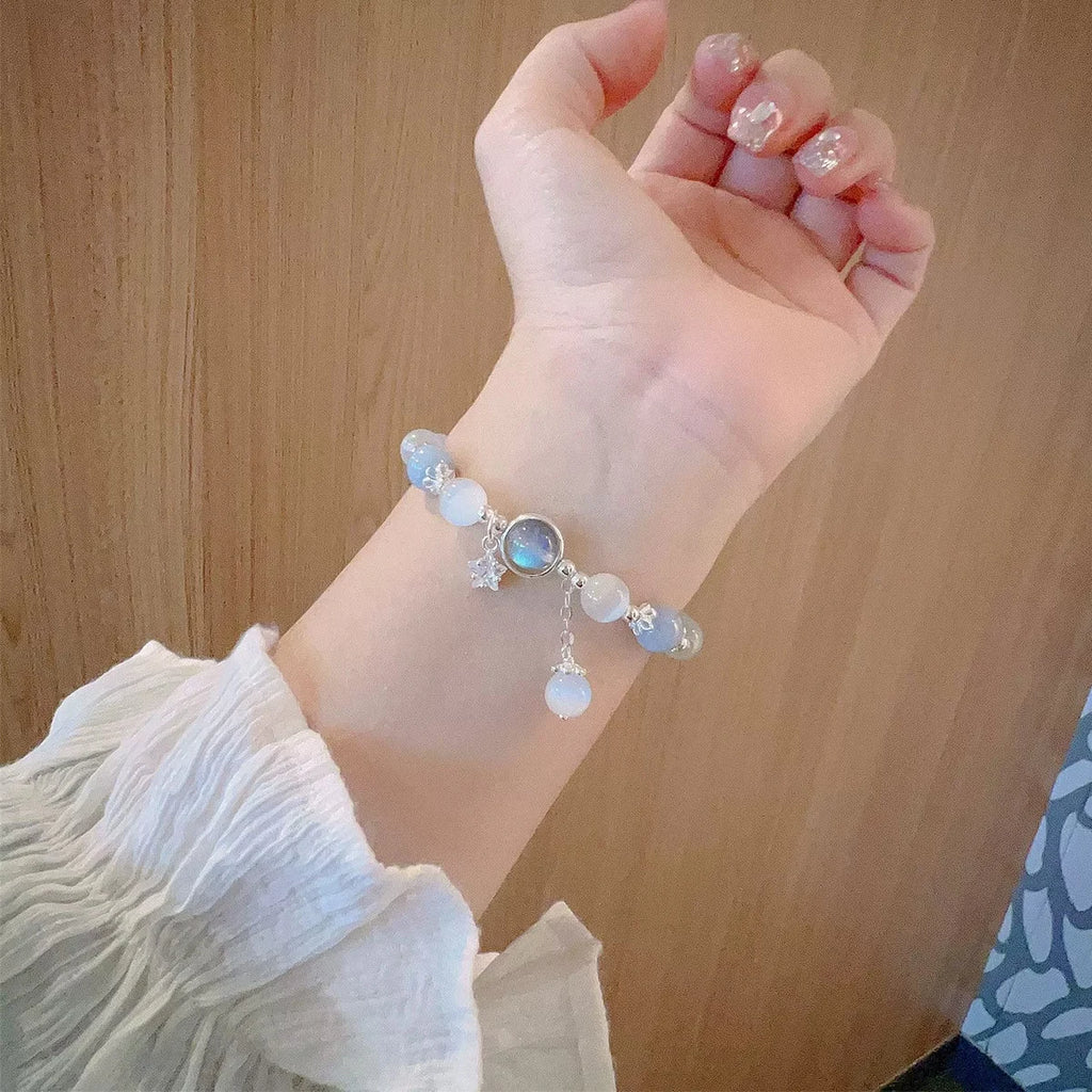 Blue Moonstone Cat Eye Crystal Bead Bracelet | Dreamy Glow · Gift for Her