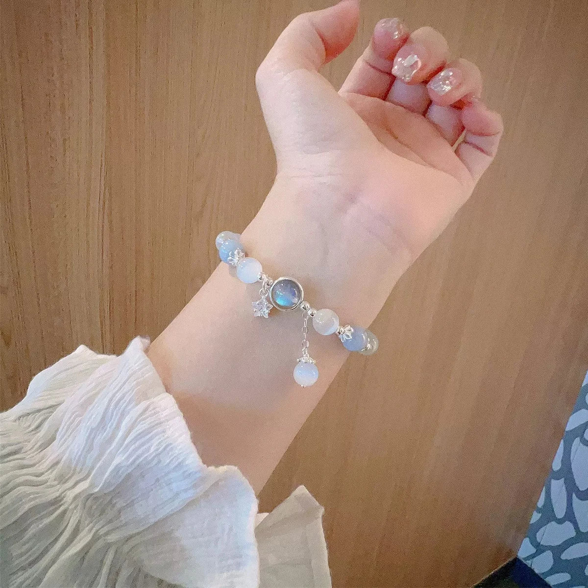 Blue Moonstone Cat Eye Crystal Bead Bracelet | Dreamy Glow · Gift for Her
