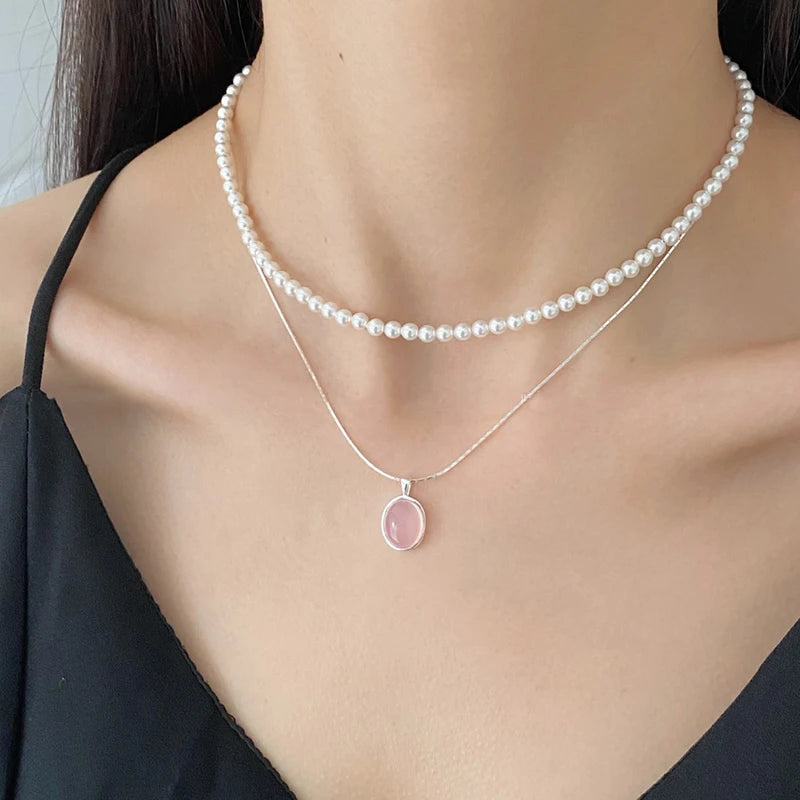 Pink Crystal Zircon Pendant Necklace | 925 Sterling Silver | Oval Collarbone Chain